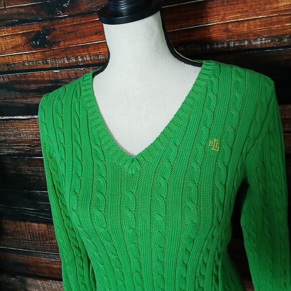 Lauren Ralph Lauren Sweater XS Grass Green 100% Cotton Cable Knit V-Neck - Picture 3 of 10